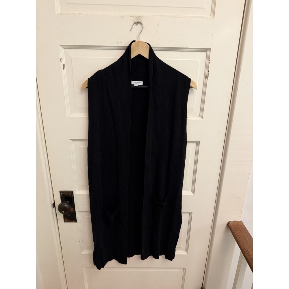 Katherine Barclay Women's Black Cotton Blend Long Open Sweater Vest Pockets XS